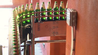 绿色瓶输送机带啤酒装瓶机工作啤酒厂工厂
